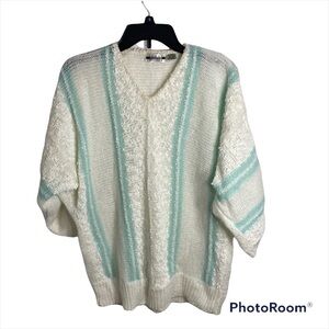 Vintage Popcorn Pastel Sweater Women’s V-neck White Blue Stripe
